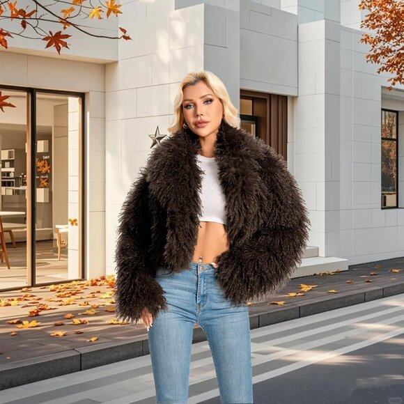 Women's Faux Fur Coat Coffee Slim Cropped Fuzzy Fluffy Fall Winter Jacket - Picture 2 of 4